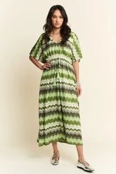 Sage Green Wavy Pattern Tie Waist Flowy Sleeve Dress, Dresses, $ 55.00, A Moment Of Now™
